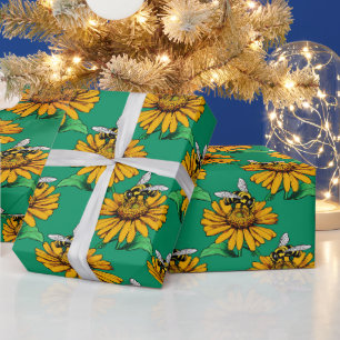 Bee on Sunflower Flower Pattern Design Green  Wrapping Paper