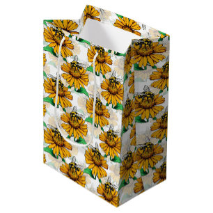 Bee on Sunflower Flower Pattern Design  Medium Gift Bag