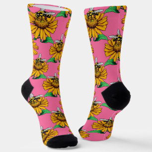Bee on Sunflower Flower Pattern Design Pink Socks