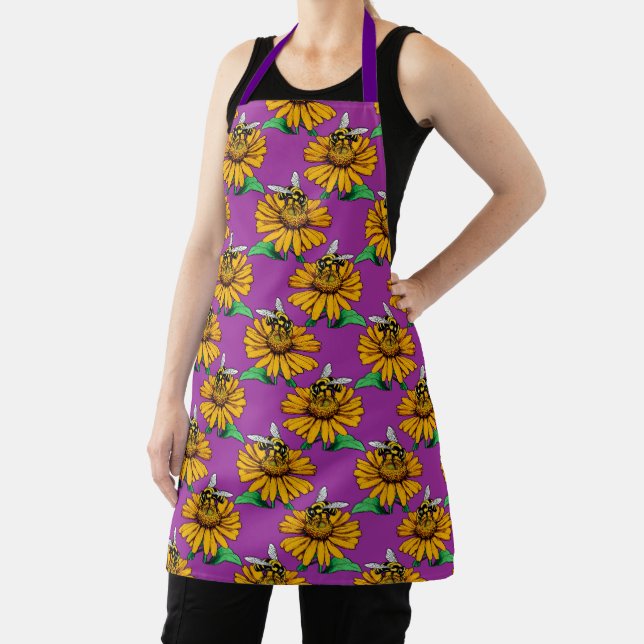 Bee on Sunflower Flower Pattern Design Purple  Apron (Insitu)