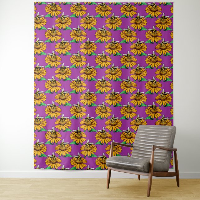 Bee on Sunflower Flower Pattern Design Purple  Tapestry (In Situ)