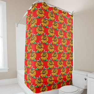 Bee on Sunflower Flower Pattern Design Red 