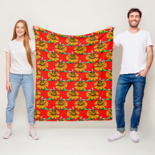 Bee on Sunflower Flower Pattern Design Red  Fleece Blanket