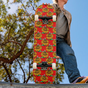 Bee on Sunflower Flower Pattern Design Red Skateboard