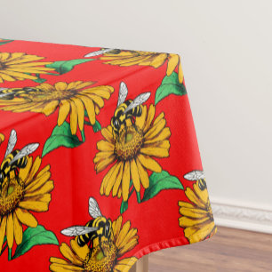 Bee on Sunflower Flower Pattern Design Red  Tablecloth