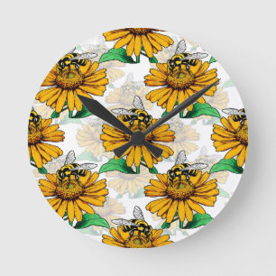 Bee on Sunflower Flower Pattern Design  Round Clock