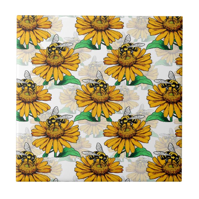 Bee on Sunflower Flower Pattern Design  Tile (Front)