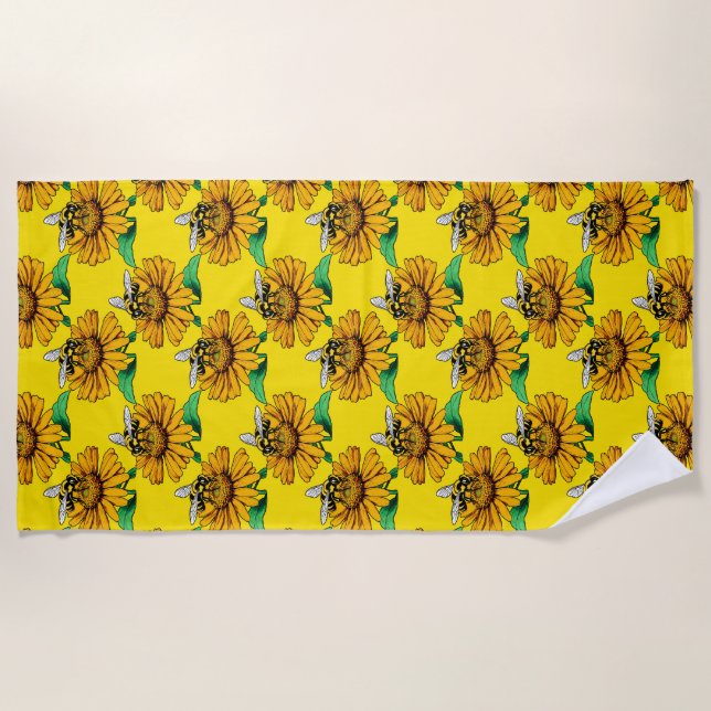 Bee on Sunflower Flower Pattern Design Yellow  Beach Towel (Front)
