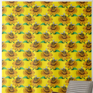 Bee on Sunflower Flower Pattern Design Yellow  Fabric