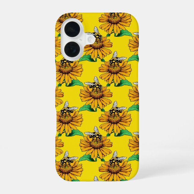 Bee on Sunflower Flower Pattern Design Yellow  iPhone 16 Case (Back)