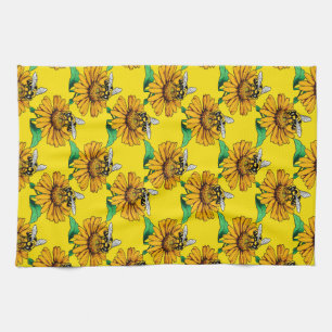 Bee on Sunflower Flower Pattern Design Yellow  Kitchen Towel