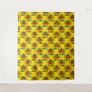 Bee on Sunflower Flower Pattern Design Yellow Tapestry