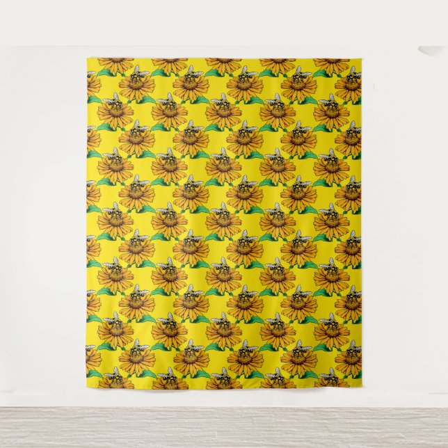 Bee on Sunflower Flower Pattern Design Yellow  Tapestry (Front)