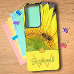 Bee On Sunflower Initial Letter Monogram  Samsung Galaxy Case<br><div class="desc">This design features a close-up photograph of a bee on a quarter of a Sunflower with an initial letter monogram and name. Personalize the text in the template fields, remove the text or edit using the design tool to select a font in the style, size, and color you prefer. You...</div>