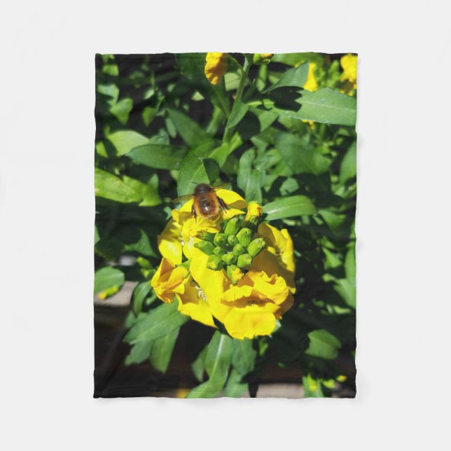 Bee on Yellow Flowers Fleece Blanket (Front)