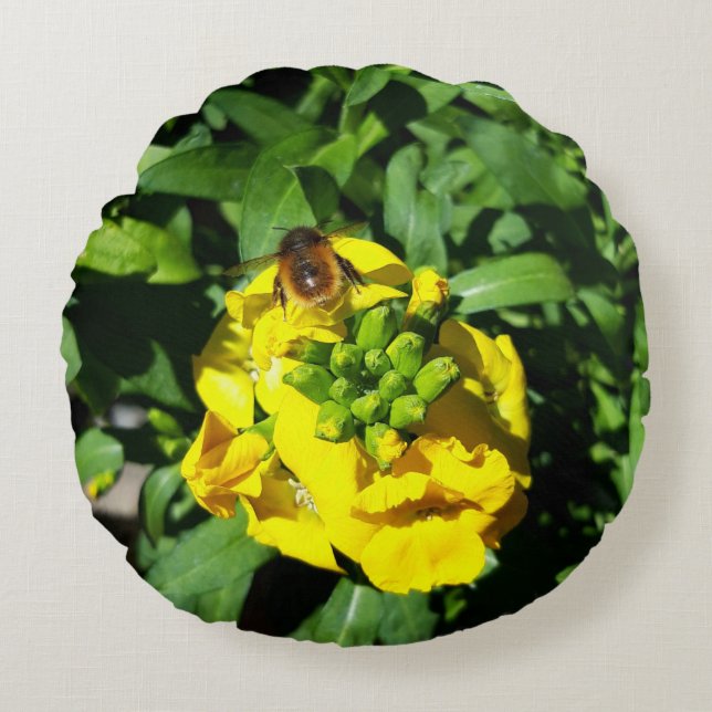 Bee on Yellow Flowers Round Pillow (Front)
