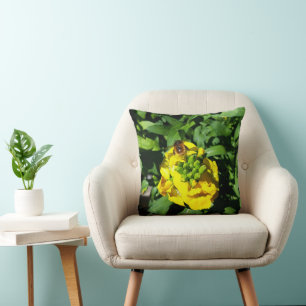 Bee on Yellow Flowers Throw Pillow