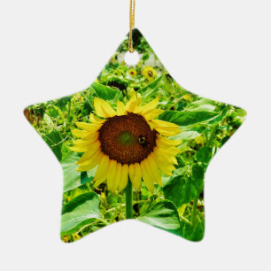 Bee on yellow Sunflower Ceramic Ornament