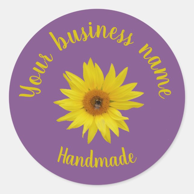 Bee on yellow sunflower purple handmade script cla classic round sticker (Front)