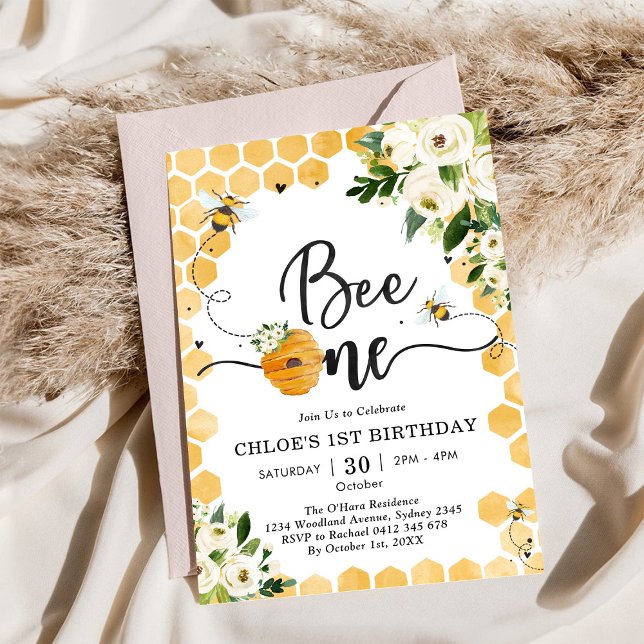 Bee One Honey Bee Floral 1st Birthday Invitation (Creator Uploaded)