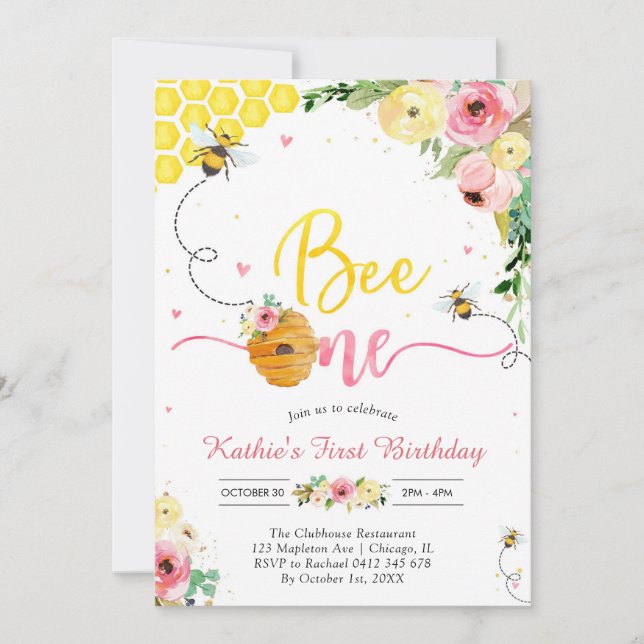 Bee One Honey Bee Girl 1st Birthday Invitation (Front)