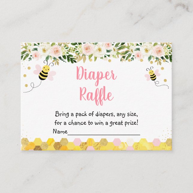 Bee Pink Gold Floral Baby Shower Diaper Raffle Enclosure Card (Front)