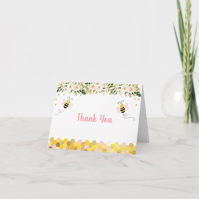Bee Pink Gold Floral Birthday Thank You (Front)