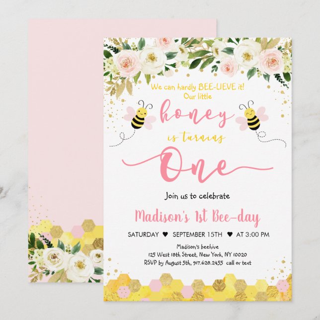 Bee Pink Gold Floral Girl First Birthday Invitation (Front/Back)