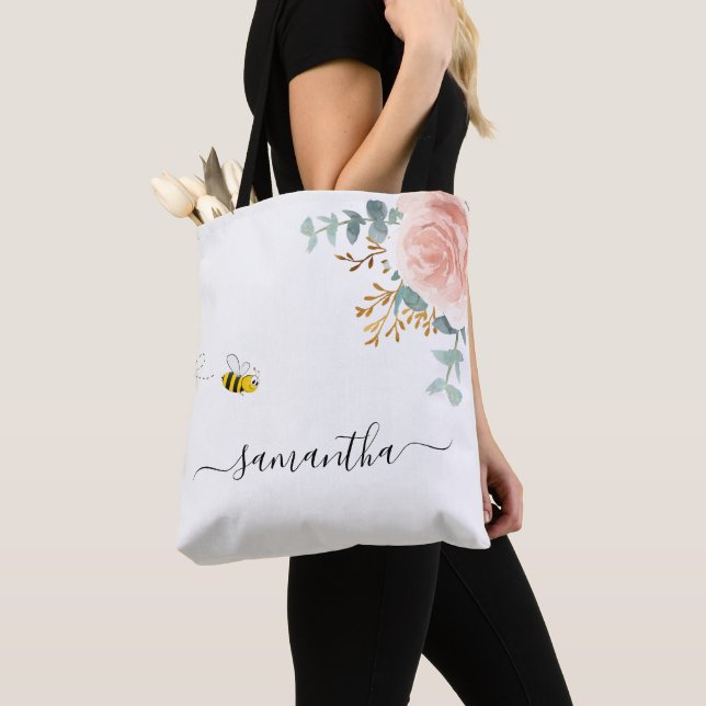 Bee pink rose gold floral name script tote bag (Close Up)