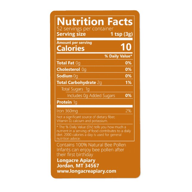 Bee Pollen Nutrition Facts Amber Label (Front)