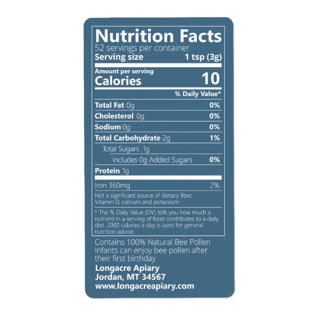 Bee Pollen Nutrition Facts Teal Product (Front)