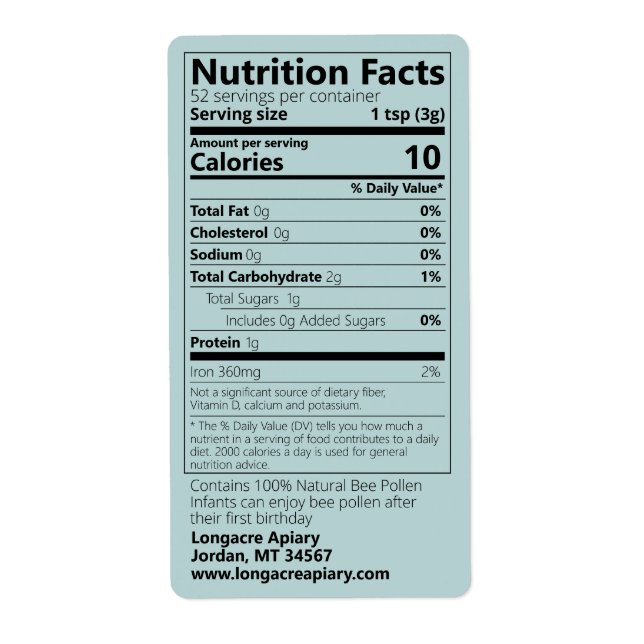 Bee Pollen Nutrition Facts Turquoise Product (Front)