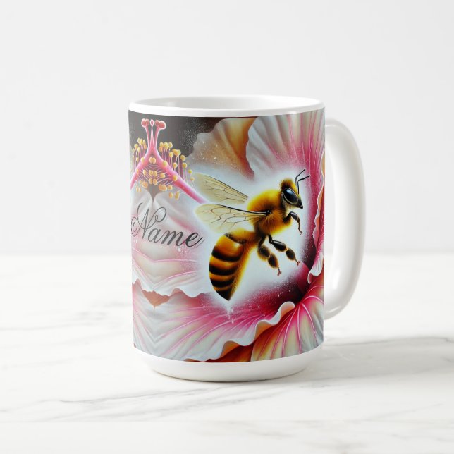 Bee Pollinating a Blooming Hibiscus Flower Coffee Mug (Front Right)
