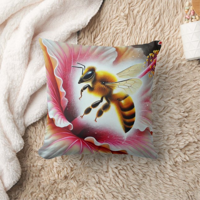 Bee Pollinating a Blooming Hibiscus Flower Throw Pillow (Blanket)