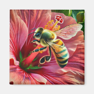 Bee Pollinating a Vibrant Hibiscus Flower  Magnet