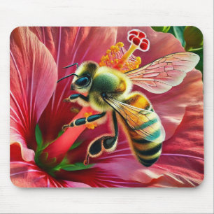 Bee Pollinating a Vibrant Hibiscus Flower  Mouse Pad