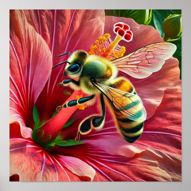 Bee Pollinating a Vibrant Hibiscus Flower  Poster (Front)