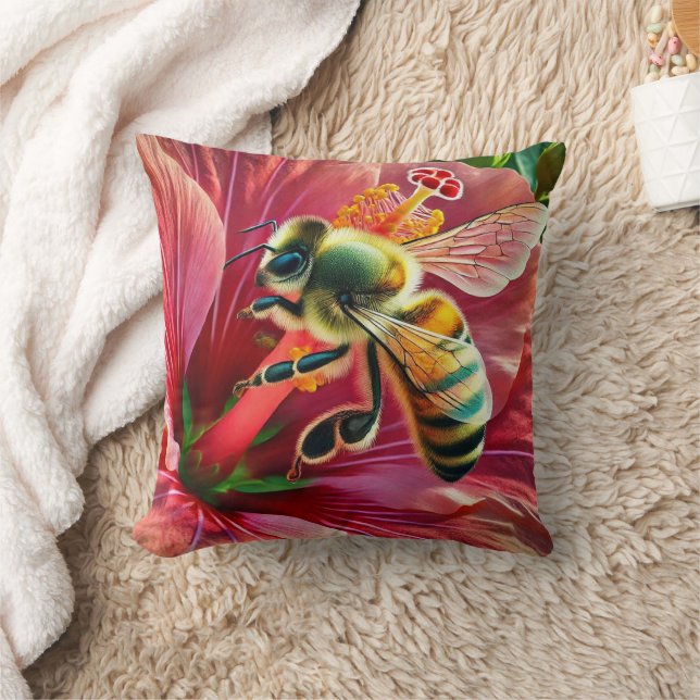Bee Pollinating a Vibrant Hibiscus Flower  Throw Pillow (Blanket)