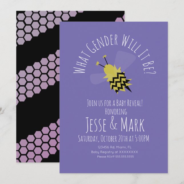 Bee Purple Black Gender Reveal Invitation (Front/Back)