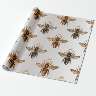 Bee Queen Honey Bronze Grey Vintage Crown Wrapping Paper