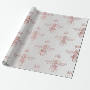 Bee Queen Rose Grey Blush Honey Bridal Honeymoon Wrapping Paper