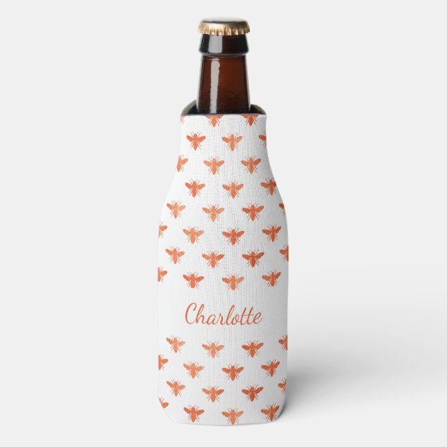 Bee rose gold white monogram script bottle cooler (Bottle Front)
