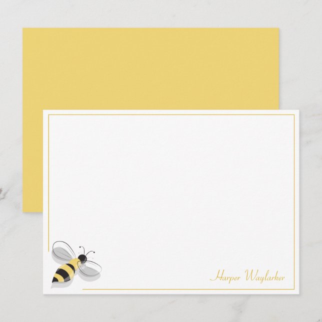 Bee Simple Border Yellow Name Note Card (Front/Back)