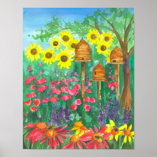 Bee Skep Coneflower Garden Watercolor Sunflowers Poster (Front)