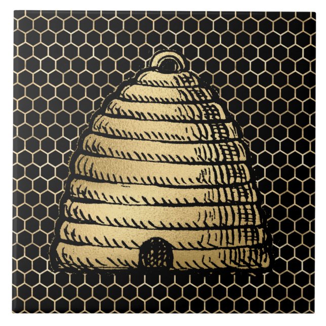 Bee Skep Hive Rustic Gold Honeycomb Black Tile (Front)