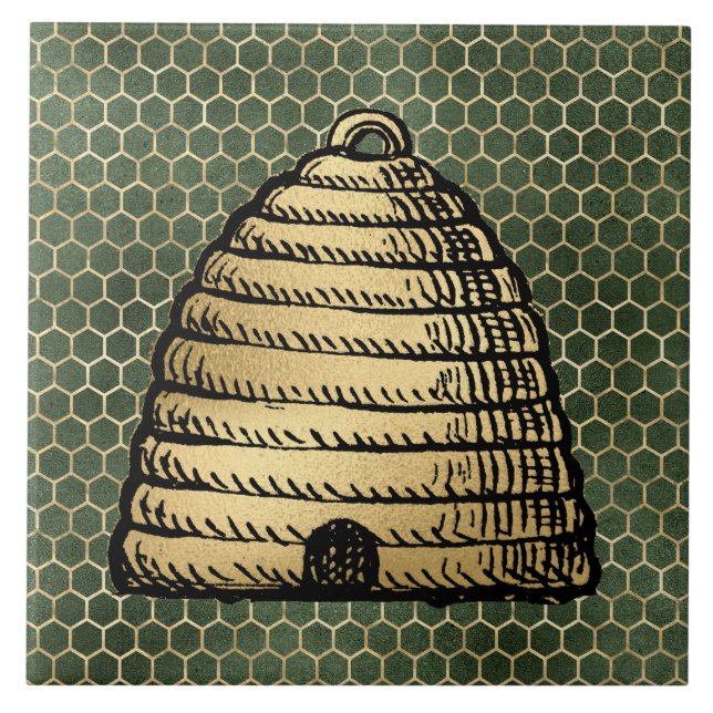 Bee Skep Hive Rustic Gold Honeycomb Green Tile (Front)
