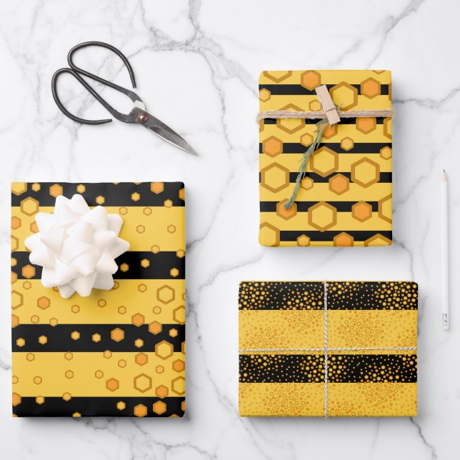 Bee Stripe Patterns Yellow and Black with Hexagons Wrapping Paper Sheet (Front)