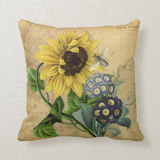 Bee Sunflower Floral & Vintage Map Throw Pillow