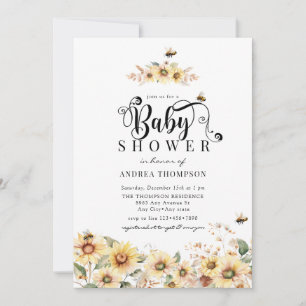Bee Sunflower   Rustic Baby Shower Invitation