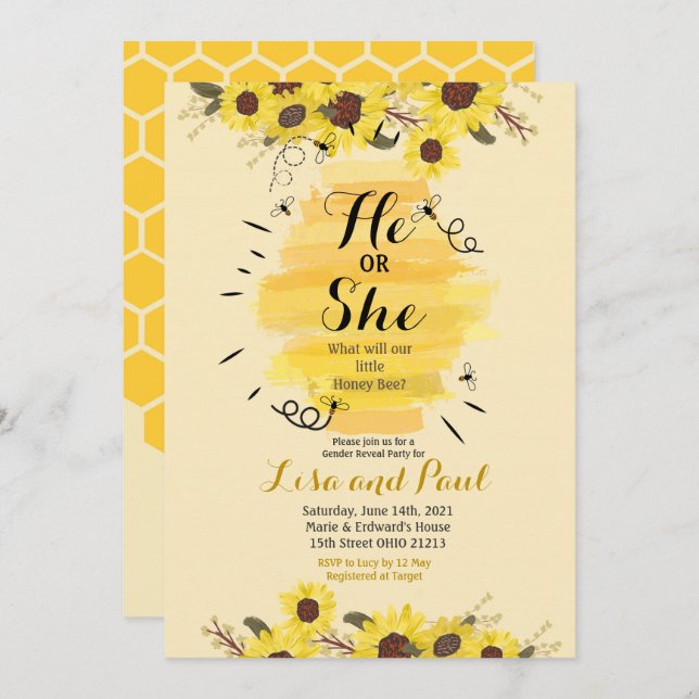 Bee Sunflower Yellow Gender Reveal Invitation (Front/Back)